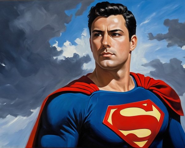 Superhero in Blue and Red Costume with Dramatic Sky