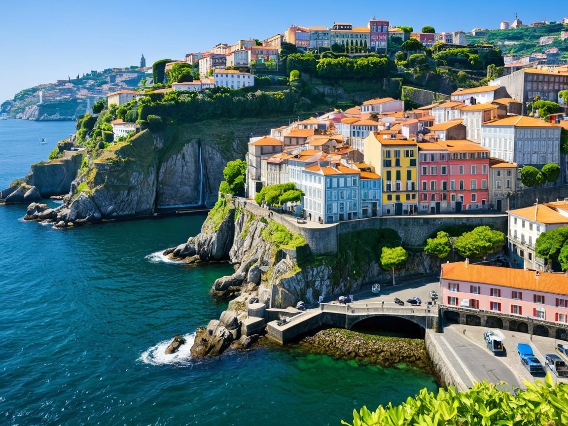 Coastal Scene with Colorful Cliffs and Mediterranean Architecture