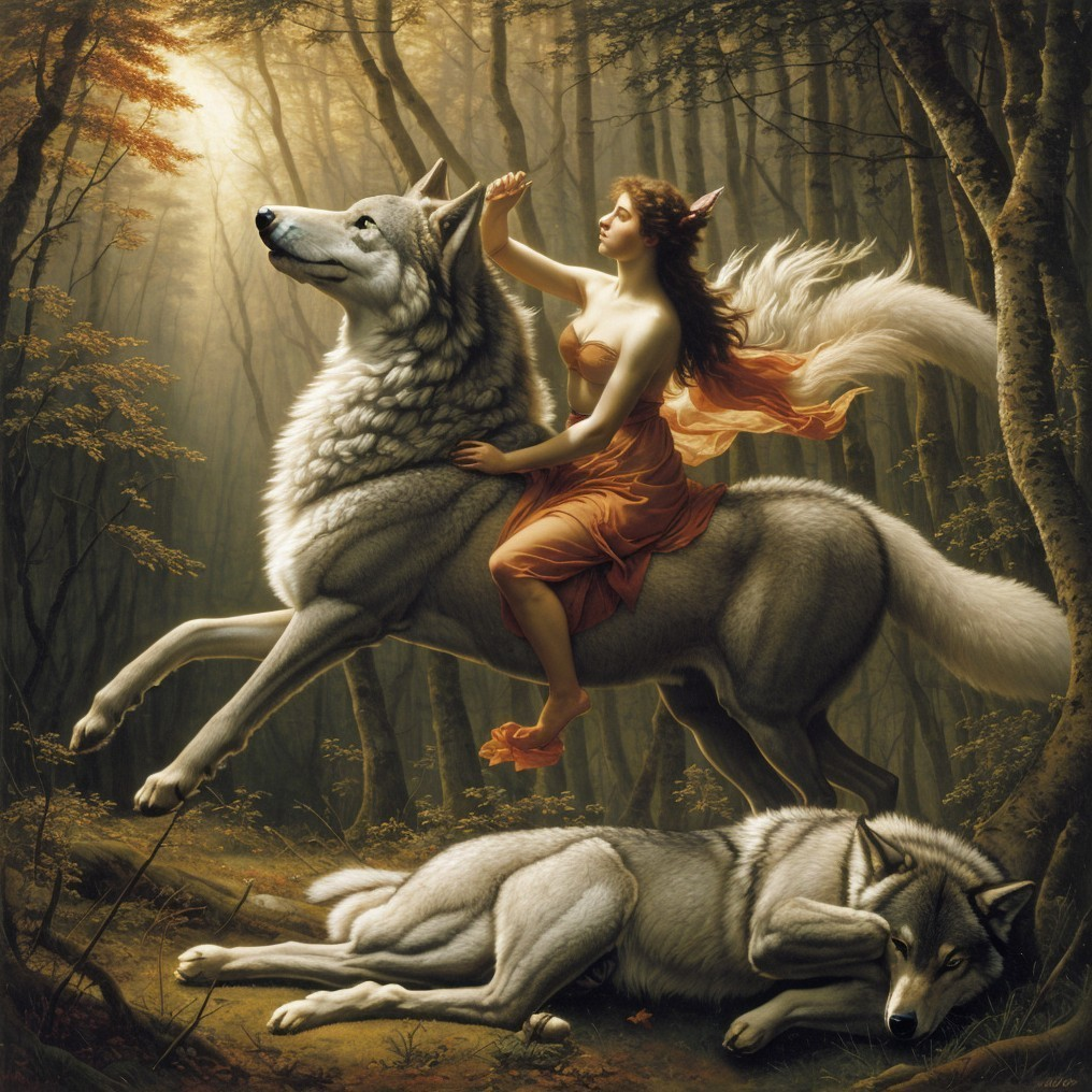 Woman in Orange Dress Riding White Wolf in Forest