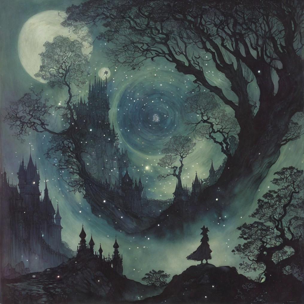 Mystical Landscape with Night Sky and Castle Silhouette