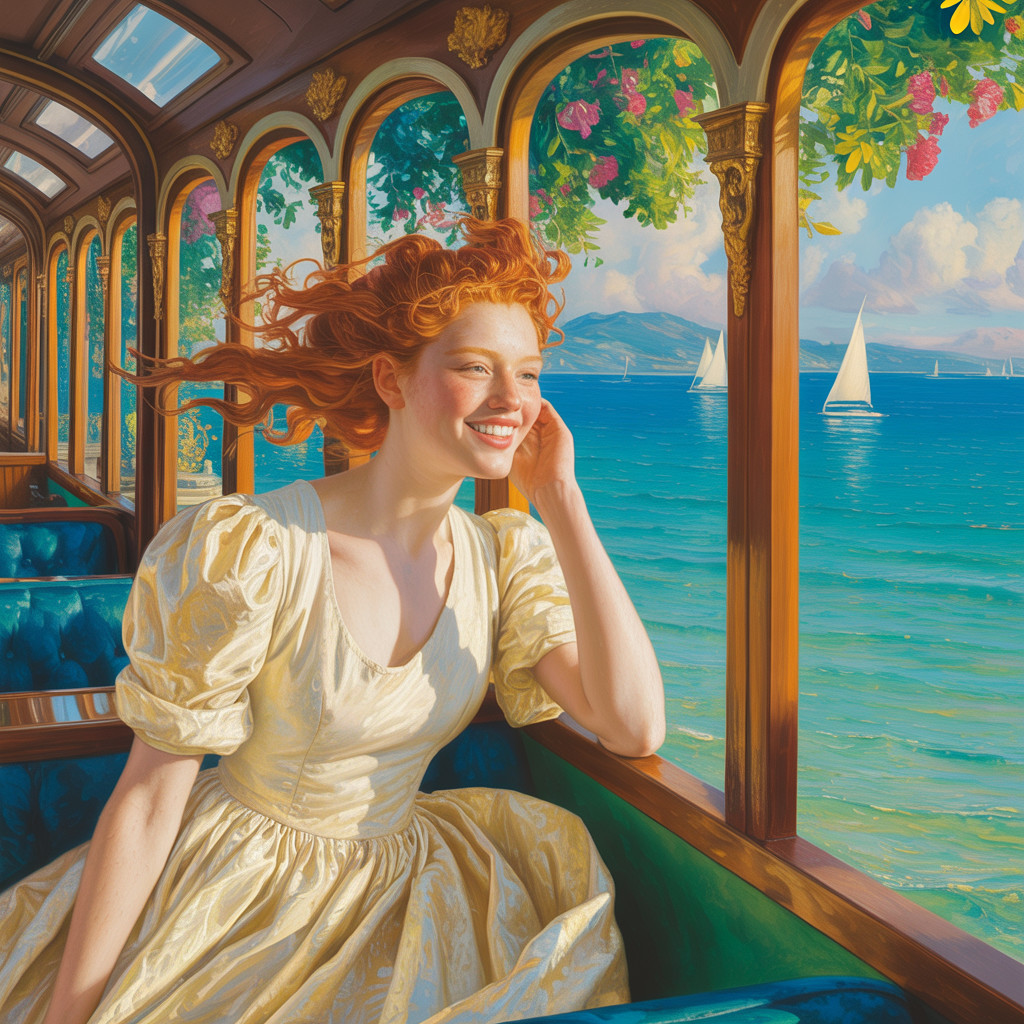 Young Woman in Yellow Gown on Vintage Train Car