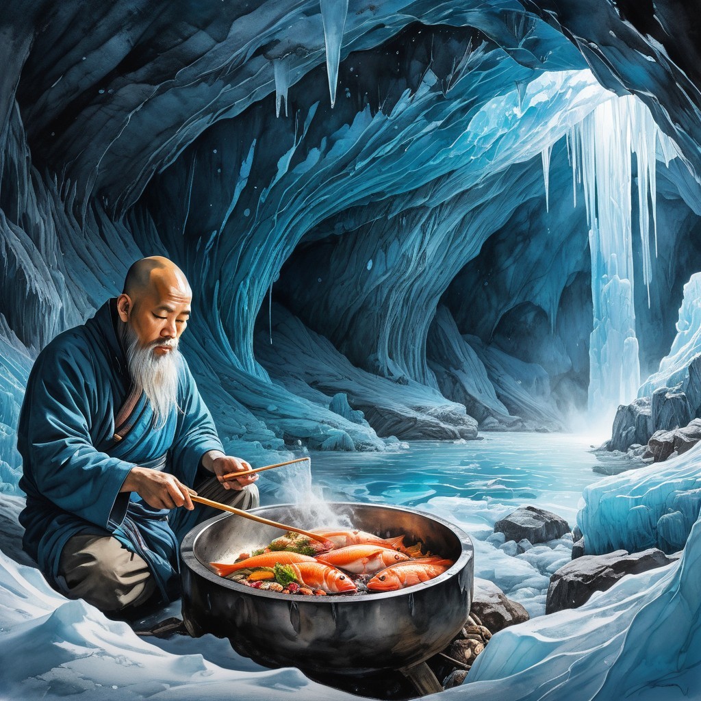 Elderly Man Cooking in a Serene Ice Cave Setting