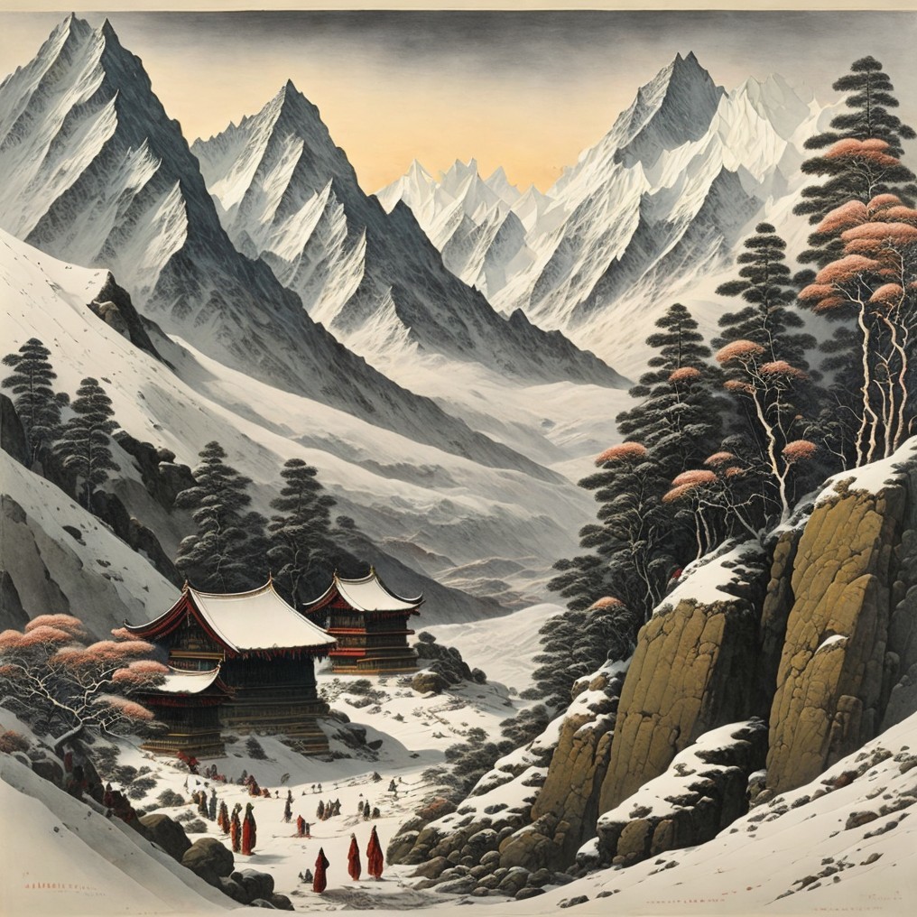 Serene winter landscape with snow-capped mountains