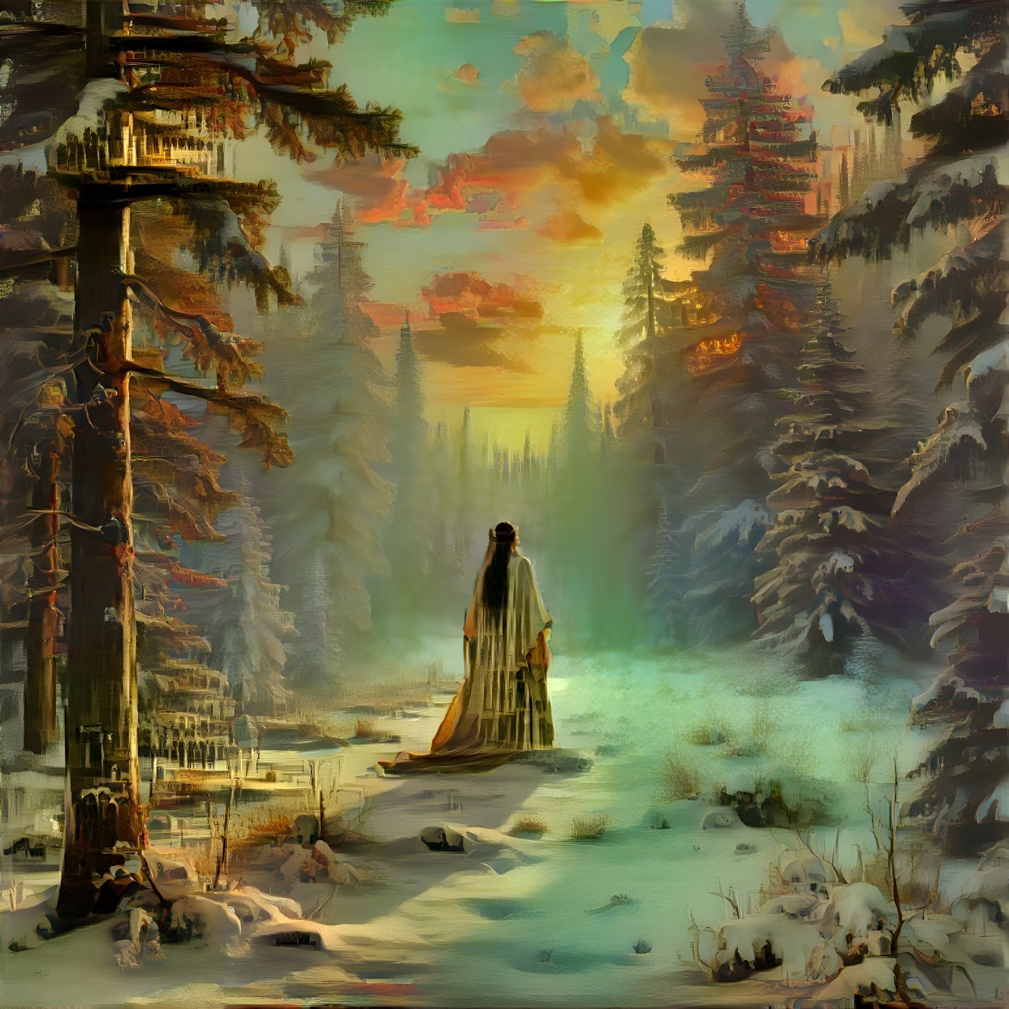 Lone Figure in Serene Winter Landscape at Sunset