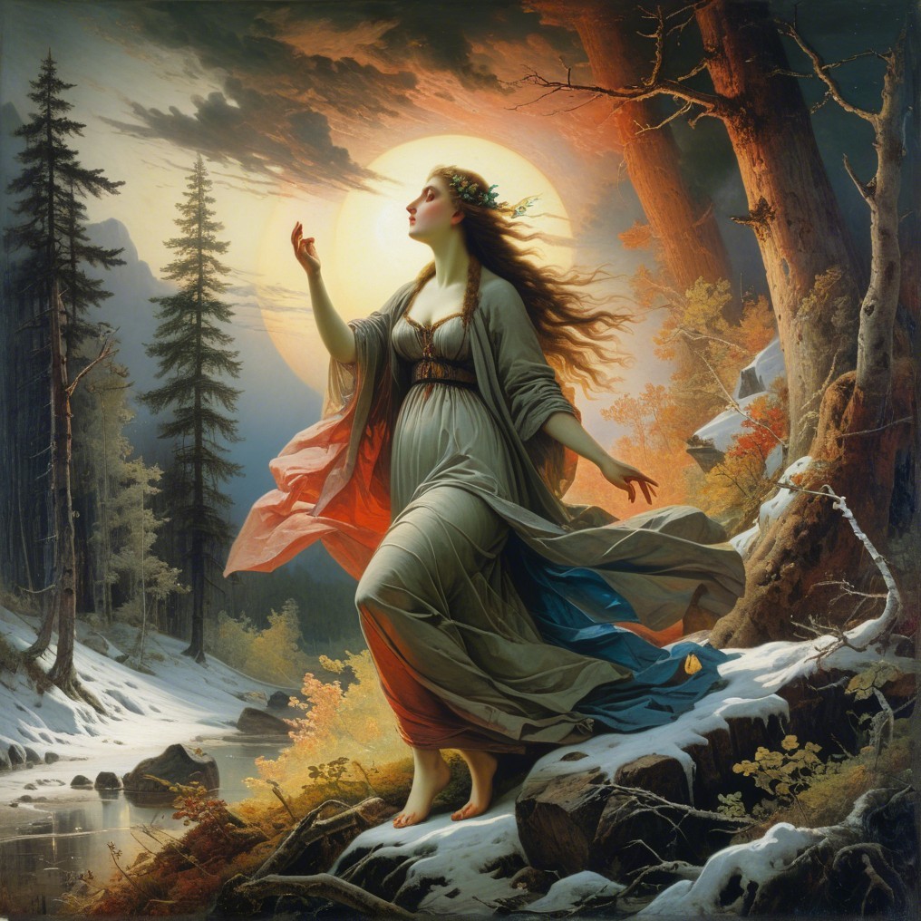 Serene Figure in Flowing Garments Amidst Nature