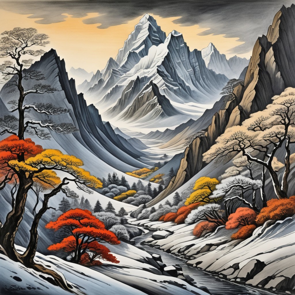Landscape Painting of Mountains and Autumn Valley
