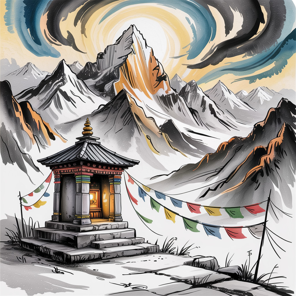 Serene Mountain Landscape with Traditional Temple and Clouds