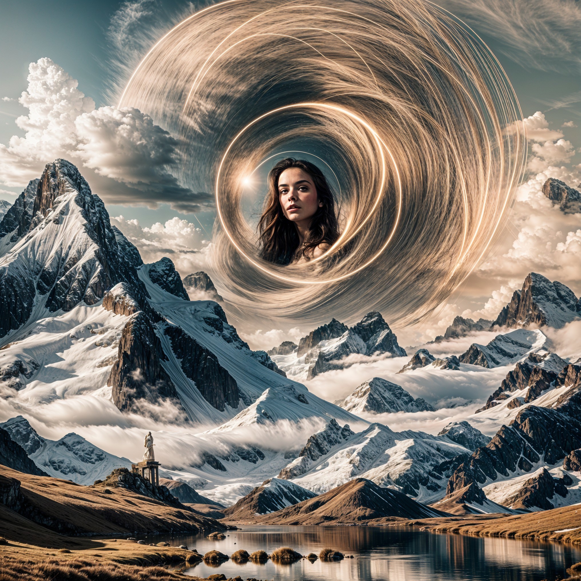 Mountain Landscape with Serene Lake and Vortex