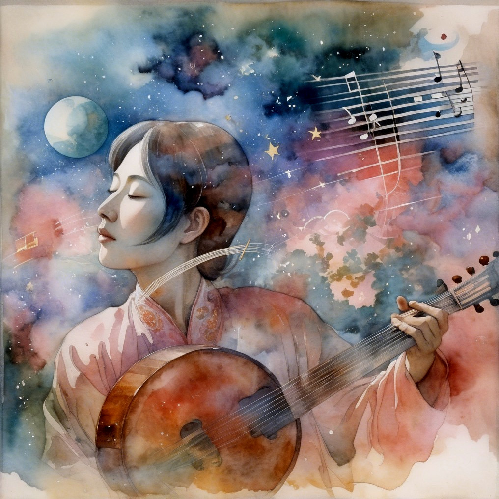 Serene Figure with Instrument in Cosmic Color Scene