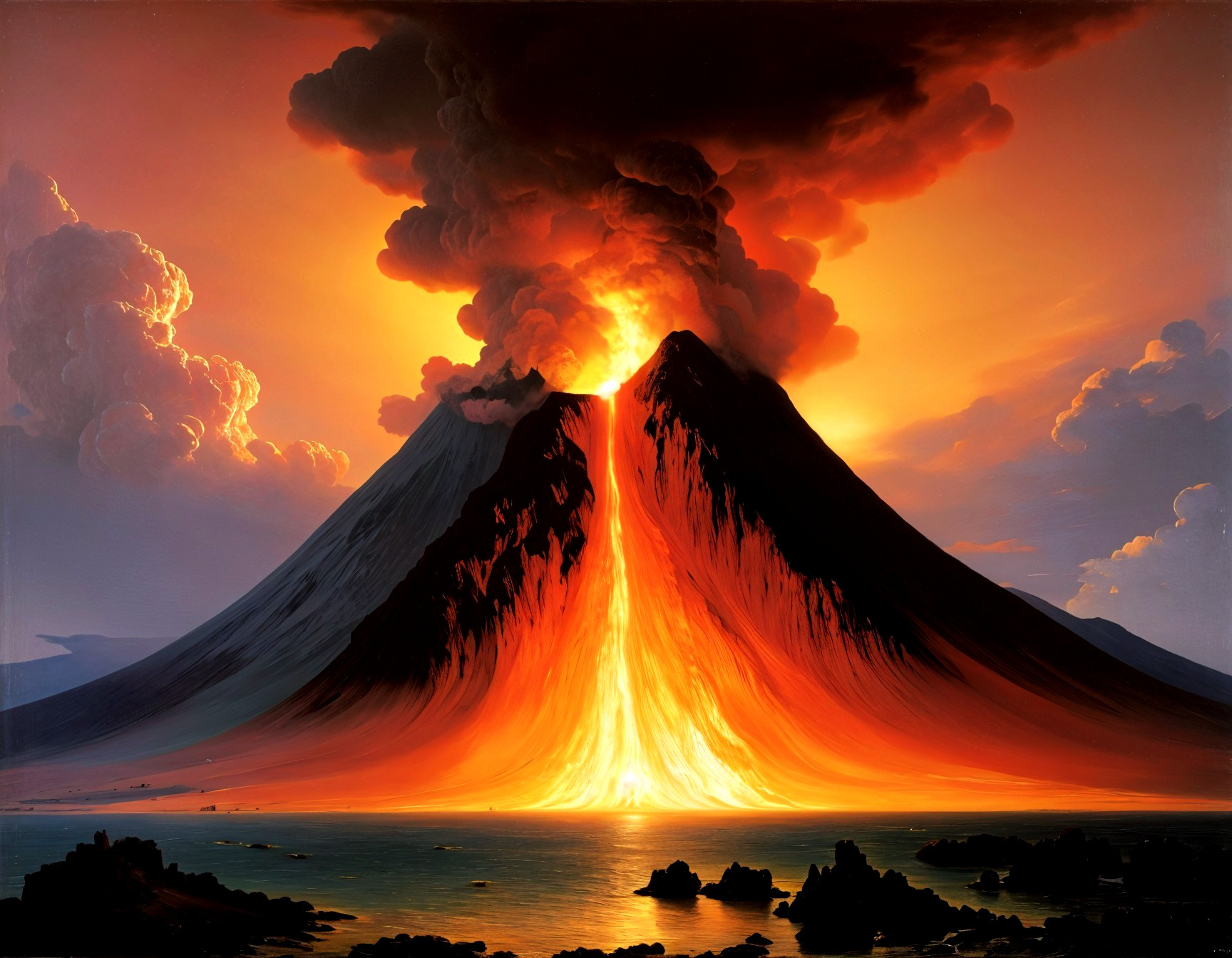 Volcanic Eruption with Lava and Dramatic Sky Colors