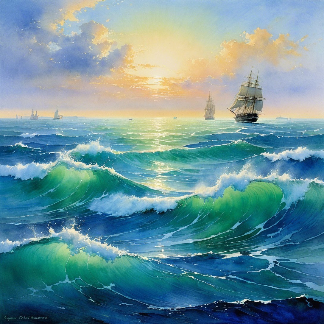 Vibrant Watercolor Seascape with Sailing Ships at Sunset