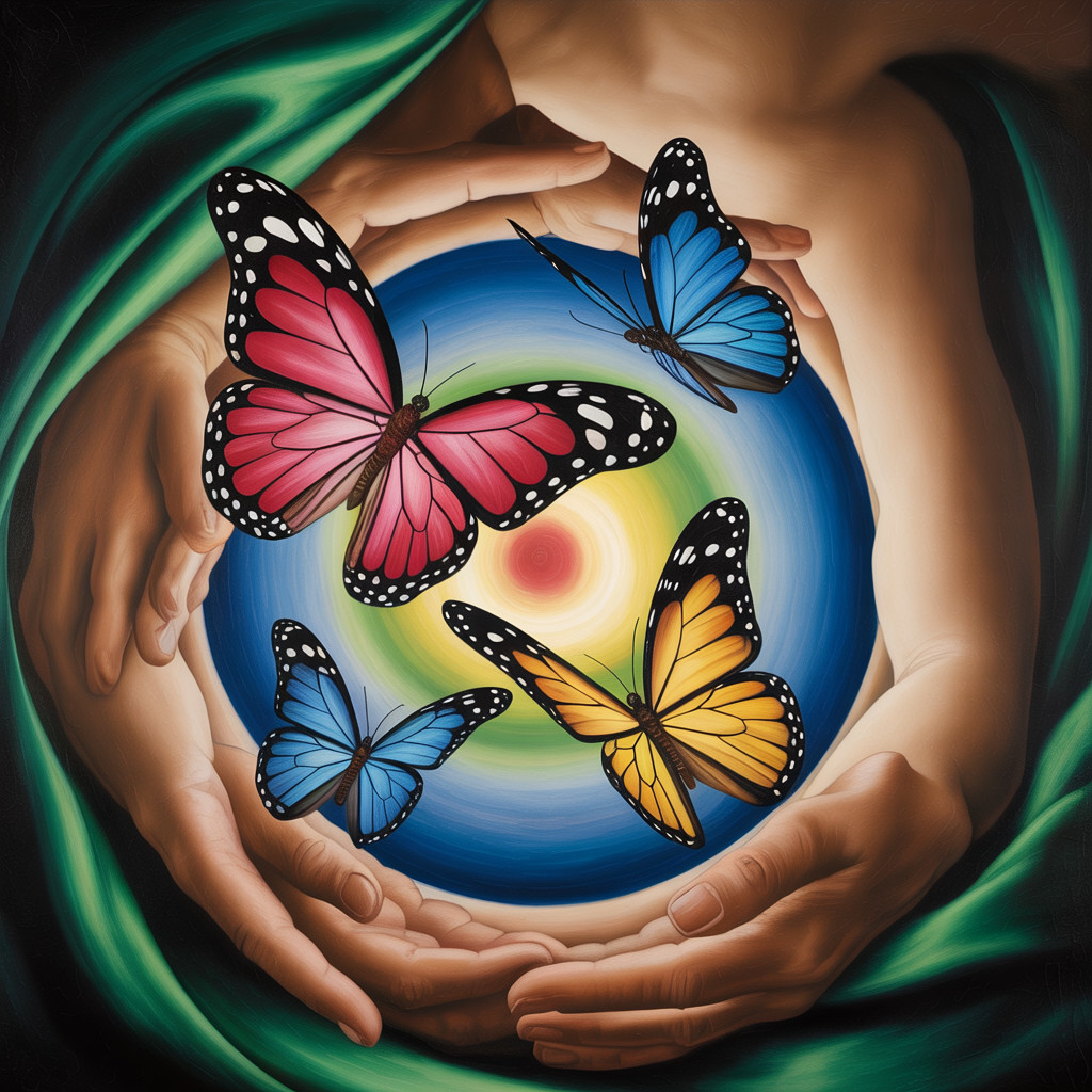 Hands Cradling Colorful Orb with Surrounding Butterflies