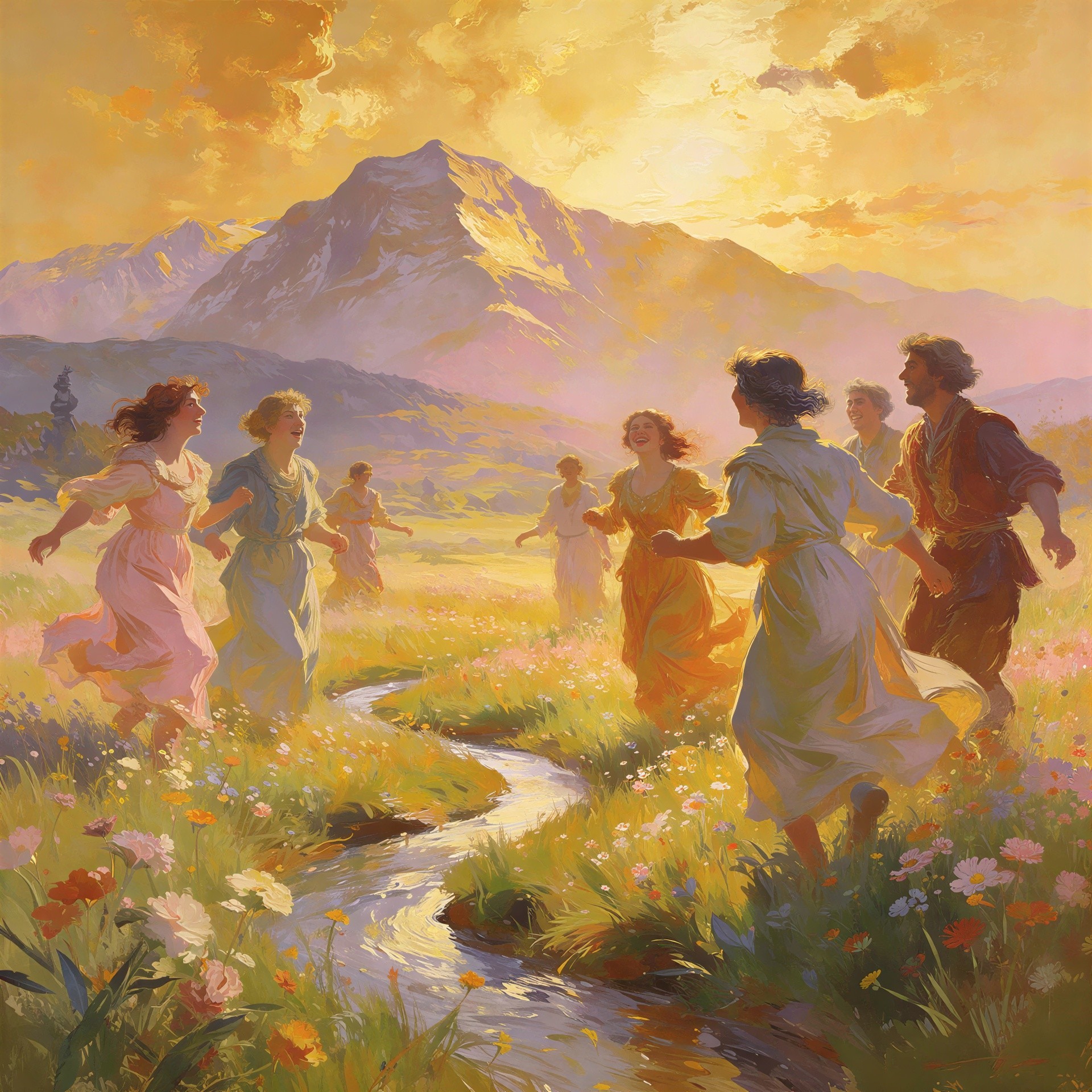 Joyful Gathering in a Flower-Filled Meadow at Sunset