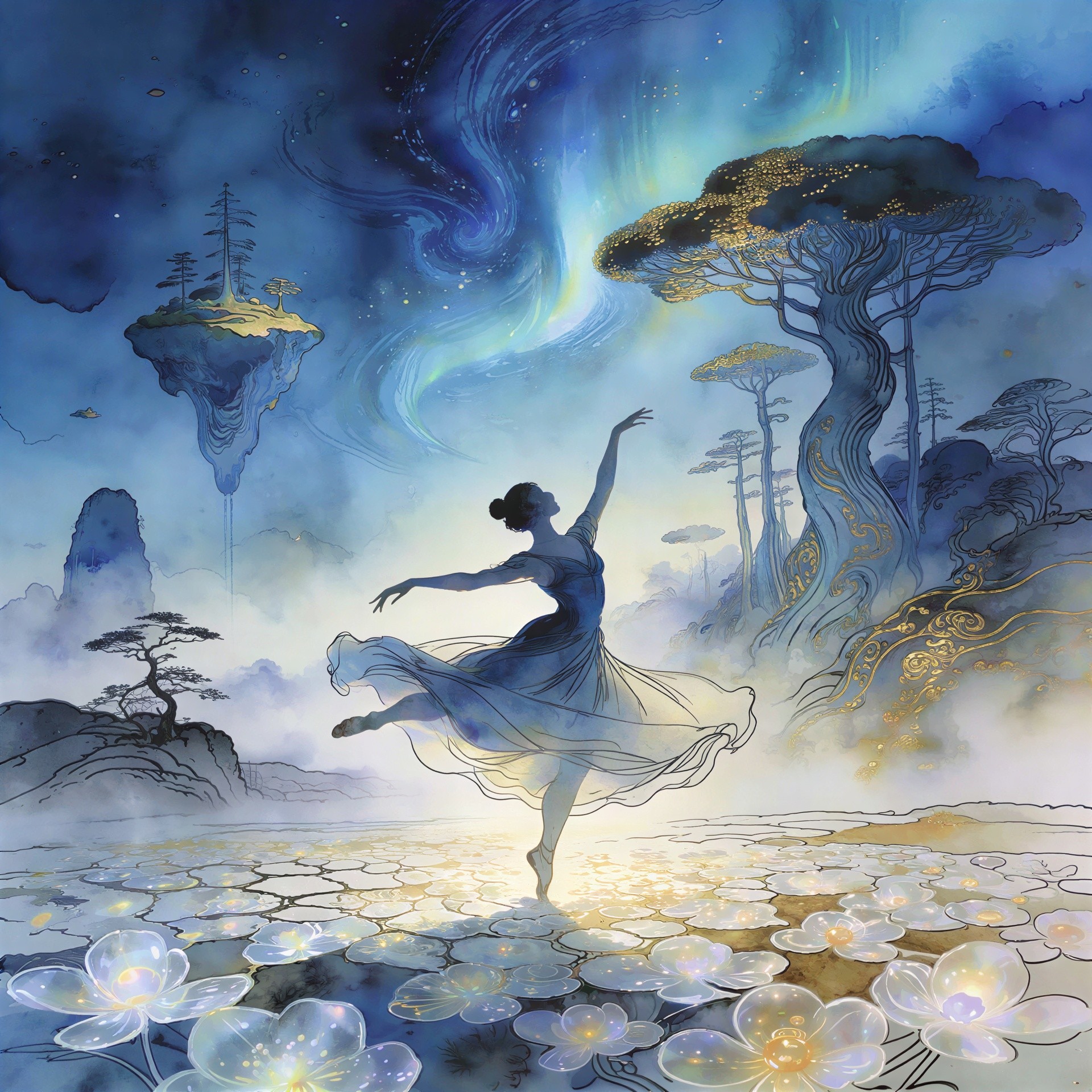 Digital Watercolor of Ballerina in Ethereal Landscape