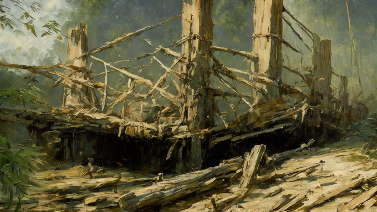 Decaying Shipwreck Surrounded by Dense Forest Growth