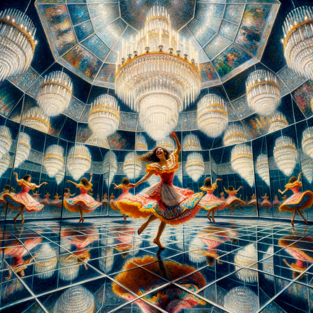 Colorful Dancer in a Mirrored Ballroom Setting