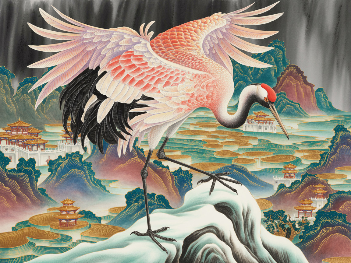 Majestic crane on rocky outcrop with serene backdrop