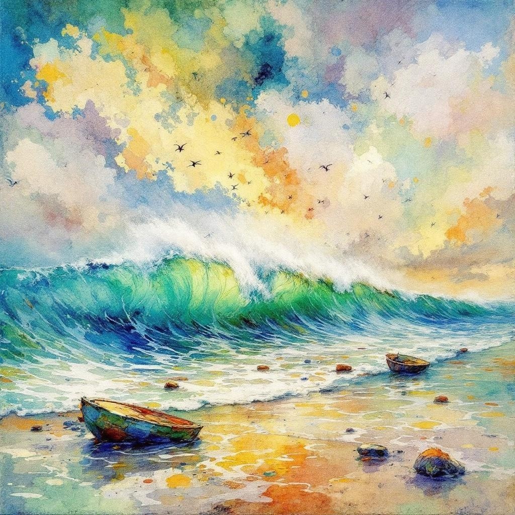 Vibrant Watercolor of Crashing Wave and Boats