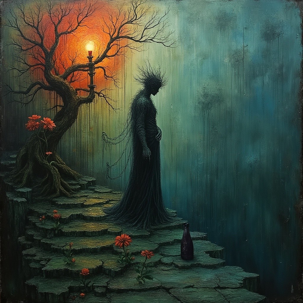 Mysterious Scene with Shadows and Luminous Flowers