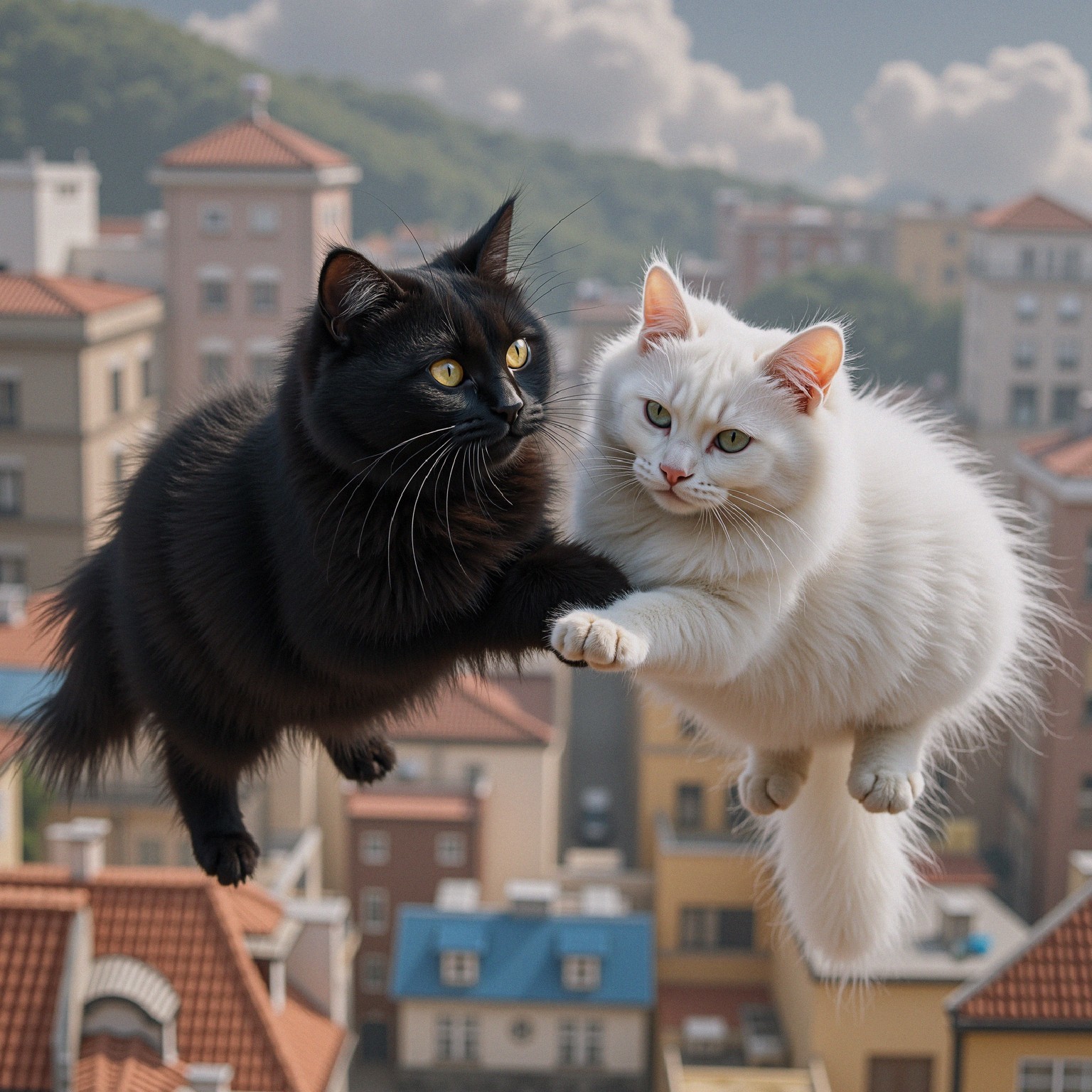Cats Leaping in a Quaint Town with Mountains Background