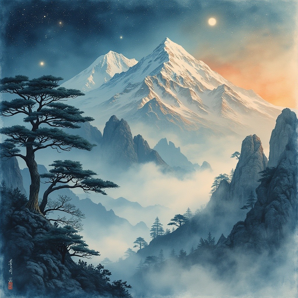 Mountain Landscape at Dusk with Starry Sky