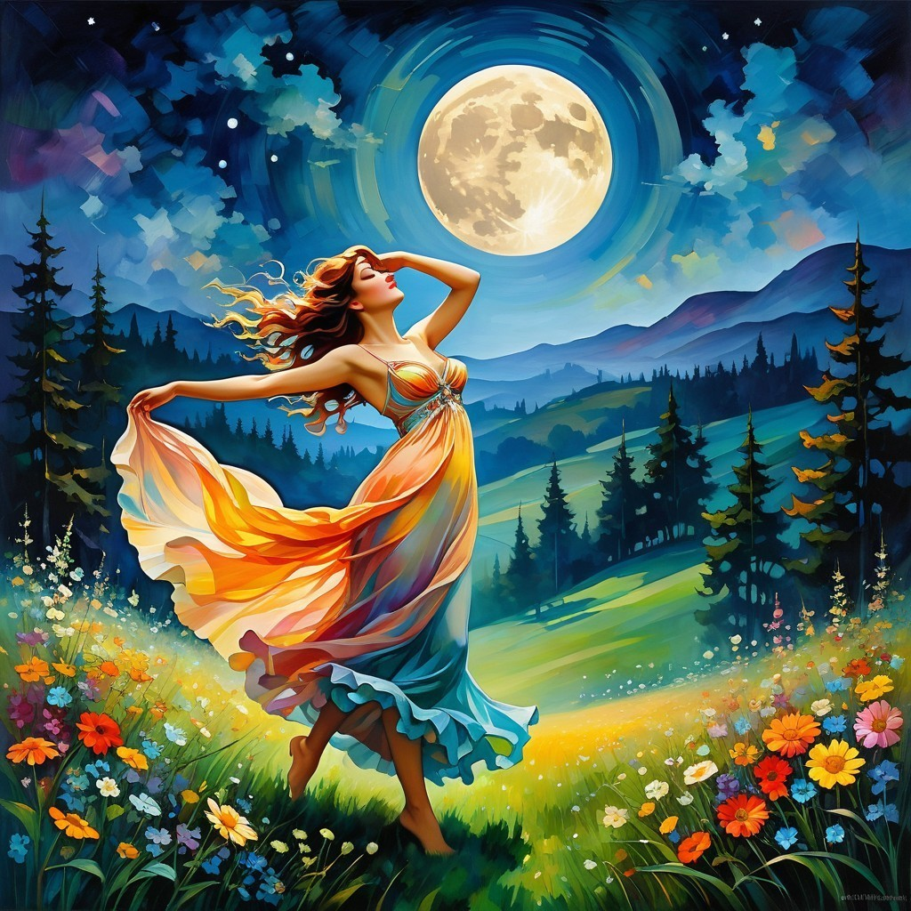 Joyful Dance Under Full Moon in Lush Nature Scene