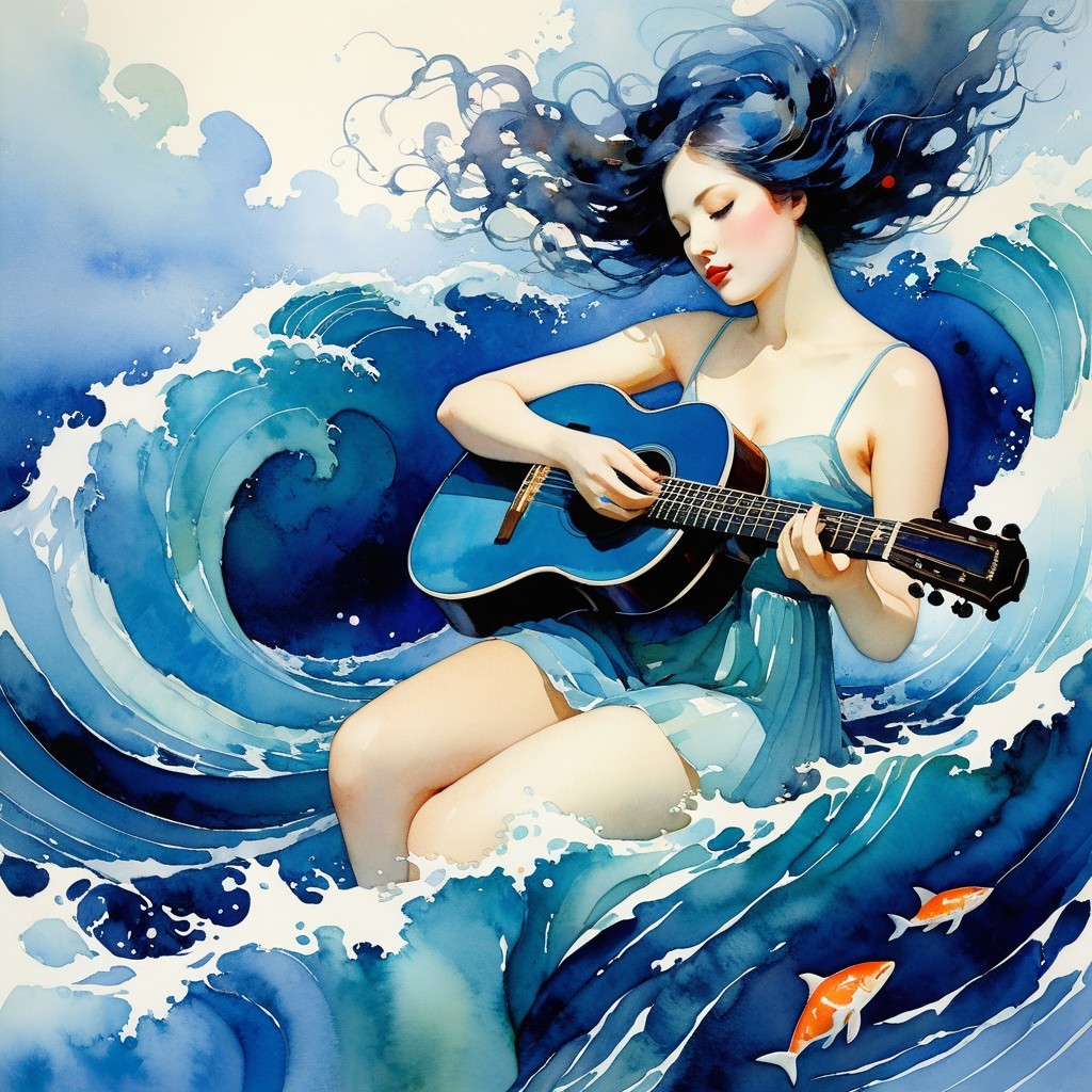 Watercolor Illustration of Woman with Guitar by Ocean