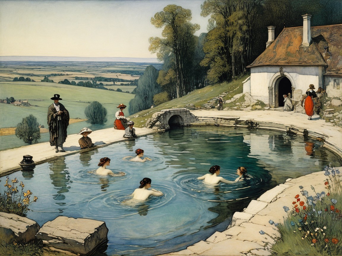 Natural Spring with Women Bathing in Lush Landscape