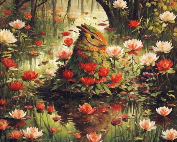Vibrant Bird Among Water Lilies in Serene Setting