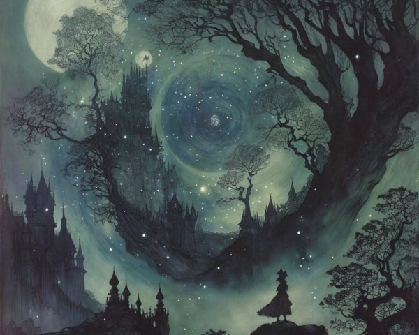 Mystical Landscape with Night Sky and Castle Silhouette