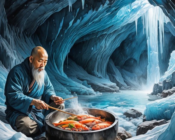 Elderly Man Cooking in a Serene Ice Cave Setting