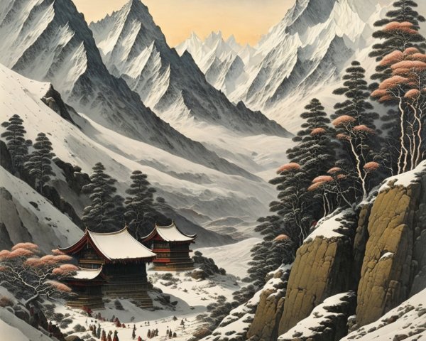 Serene winter landscape with snow-capped mountains