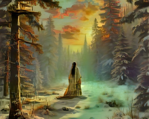 Lone Figure in Serene Winter Landscape at Sunset