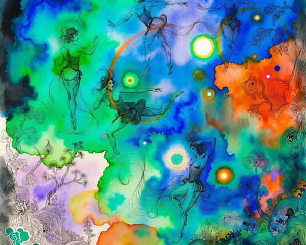 Brightly Colored Abstract Watercolor of Dancing Women