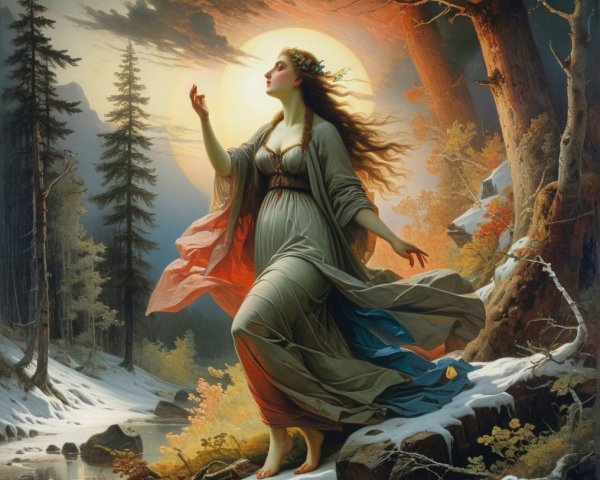 Serene Figure in Flowing Garments Amidst Nature