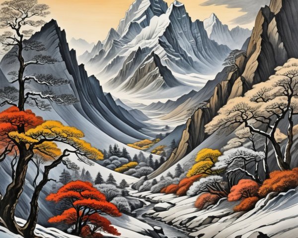 Landscape Painting of Mountains and Autumn Valley