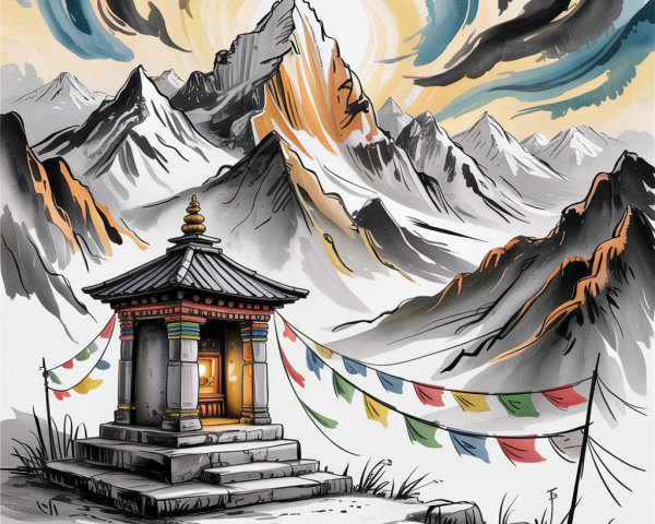 Serene Mountain Landscape with Traditional Temple and Clouds