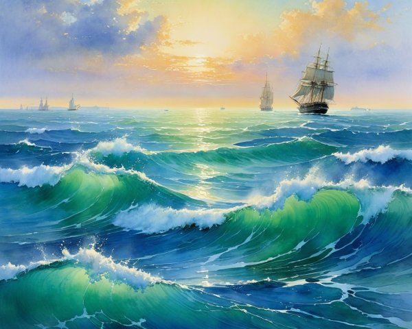 Vibrant Watercolor Seascape with Sailing Ships at Sunset