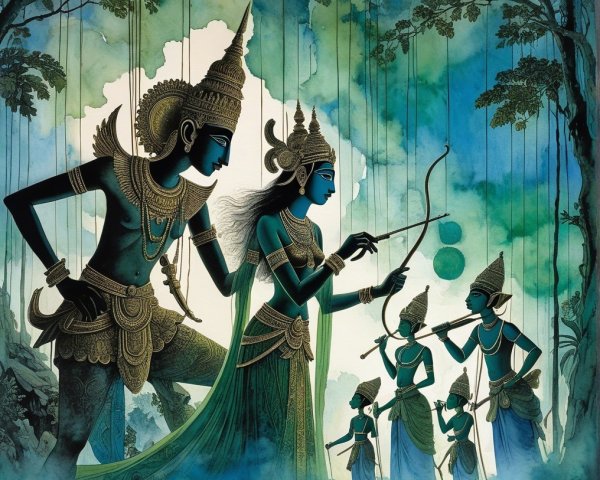 Vibrant Artwork of Divine Figures in Indian Mythology