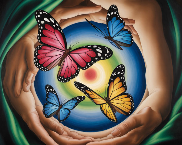 Hands Cradling Colorful Orb with Surrounding Butterflies