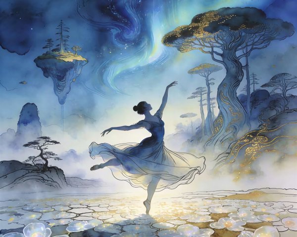 Digital Watercolor of Ballerina in Ethereal Landscape