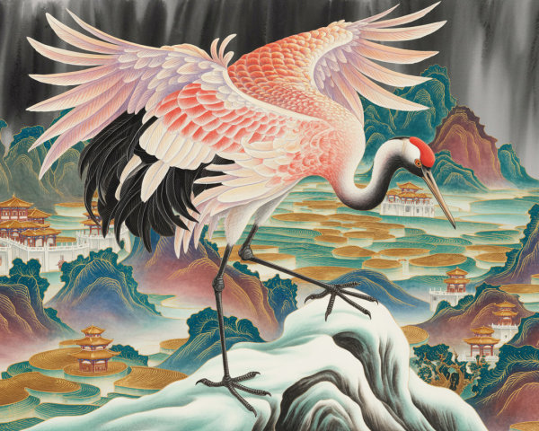 Majestic crane on rocky outcrop with serene backdrop