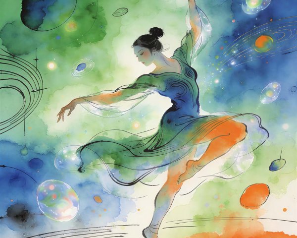 Ethereal Watercolor of Asian Woman Dancing in Space