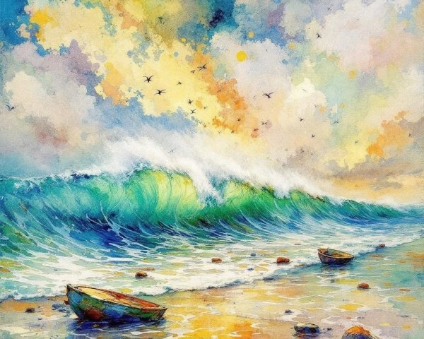 Vibrant Watercolor of Crashing Wave and Boats