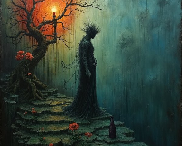 Mysterious Scene with Shadows and Luminous Flowers