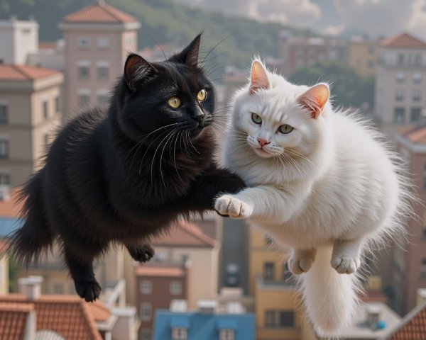Cats Leaping in a Quaint Town with Mountains Background