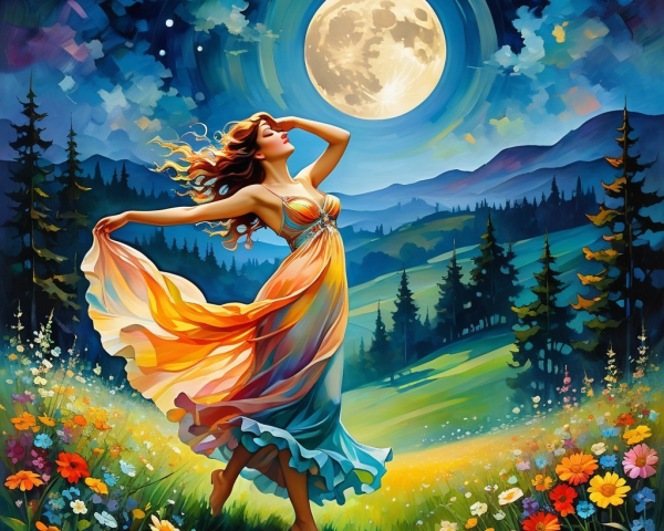 Joyful Dance Under Full Moon in Lush Nature Scene