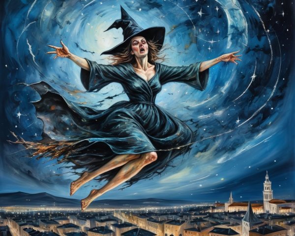 Witch Casting a Spell Over Moonlit Cityscape