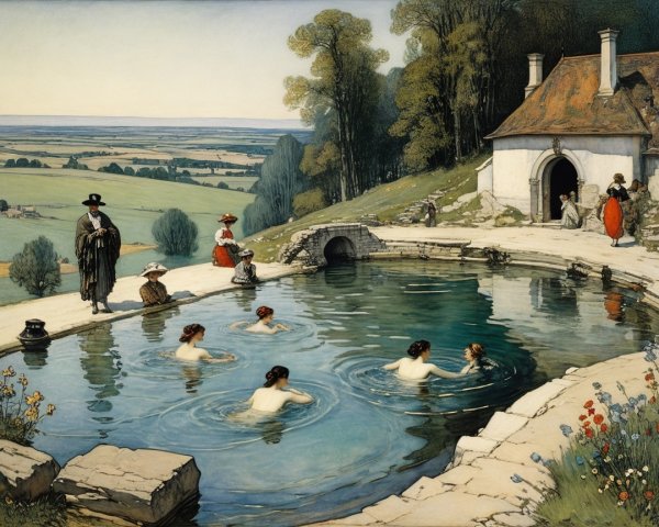 Natural Spring with Women Bathing in Lush Landscape