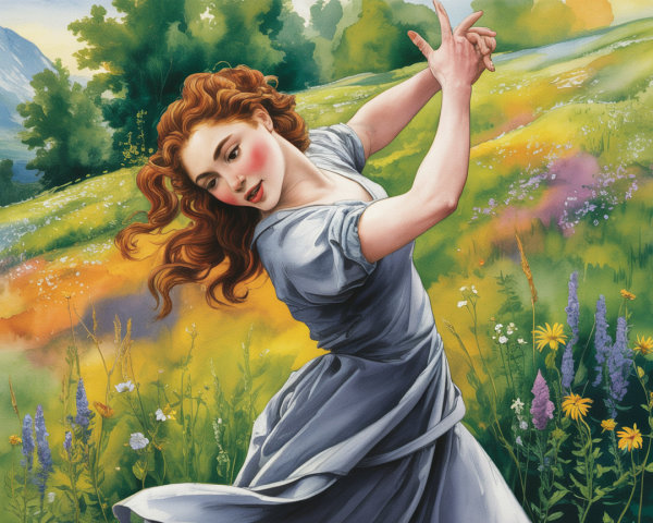 Young woman dancing in a vibrant meadow scene